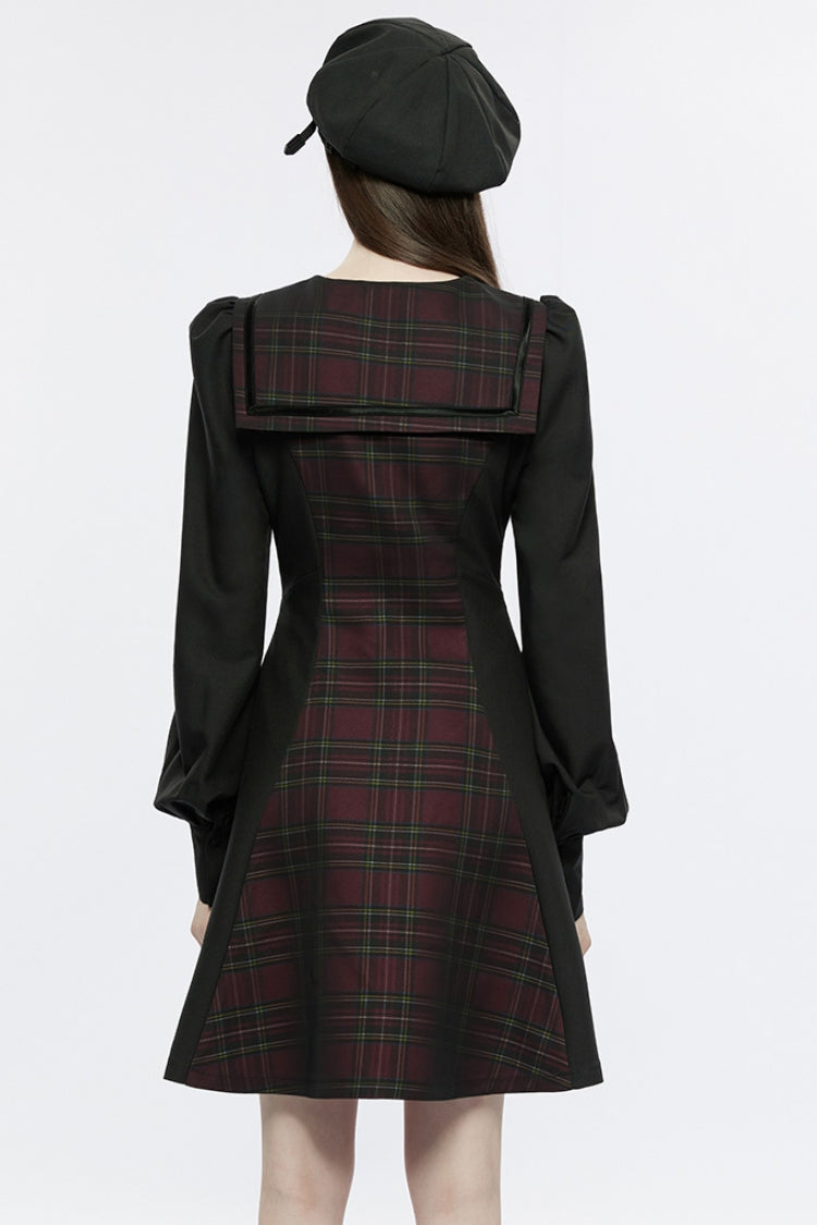 Black/Red Long Lantern Sleeves Plaid Print Detachable Lace-Up Women's Punk College Style Dress