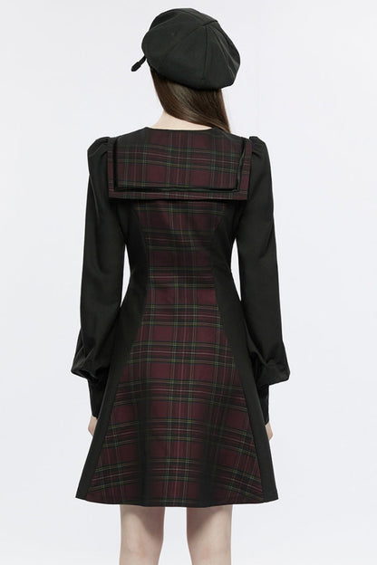 Black/Red Long Lantern Sleeves Plaid Print Detachable Lace-Up Women's Punk College Style Dress