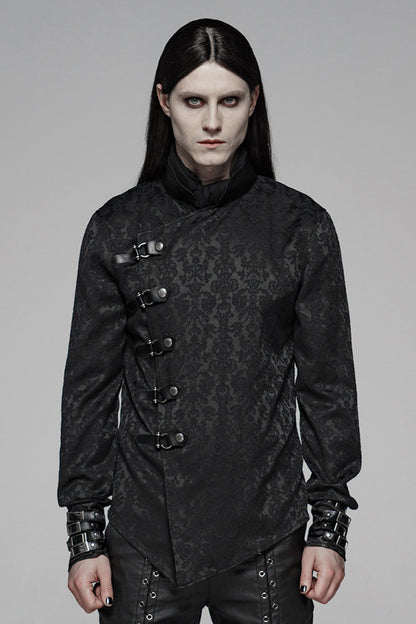 Black Stand Collar Long Sleeves Print Buckle Men's Punk Blouse
