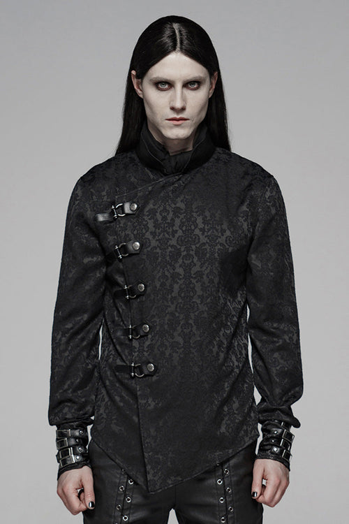 Black Stand Collar Long Sleeves Print Buckle Men's Punk Blouse