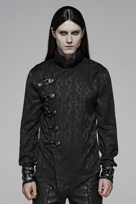 Black Stand Collar Long Sleeves Print Buckle Men's Punk Blouse