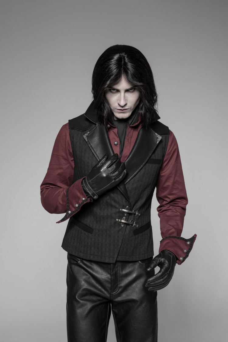 Black V Collar Sleeveless Metal Buckle Mens Steampunk Crossover Formal Vest