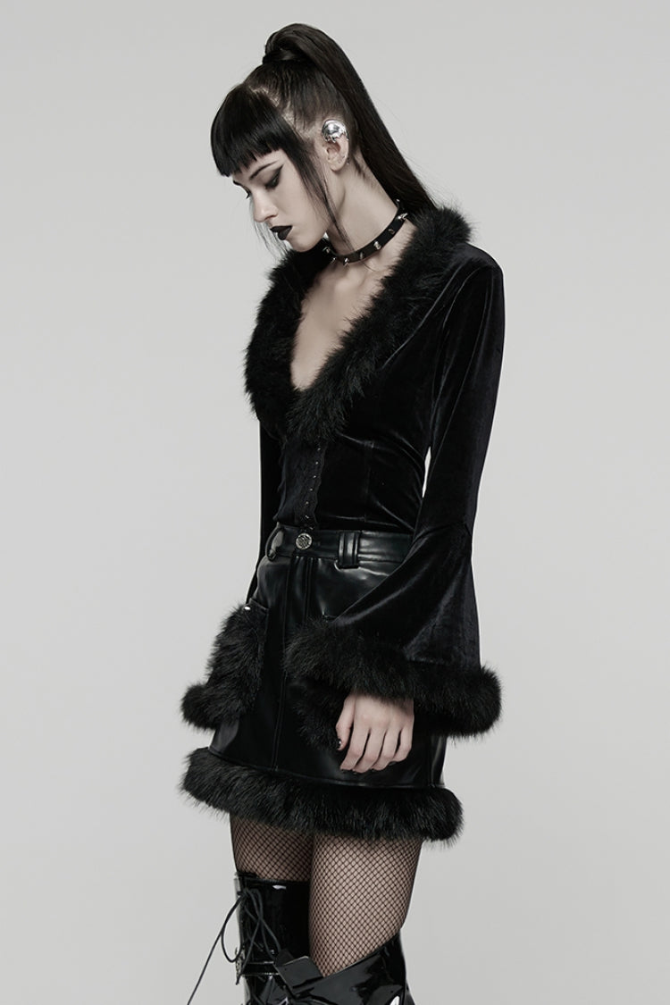 Black V Collar Long Sleeves Faux Fur Spliced Lace-Up Women's Gothic Cardigan