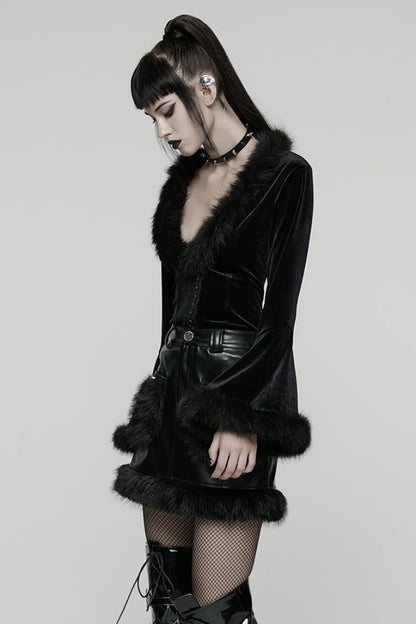 Black V Collar Long Sleeves Faux Fur Spliced Lace-Up Women's Gothic Cardigan