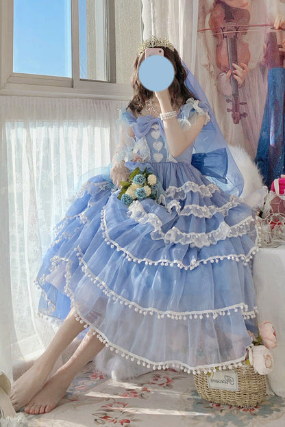 Blue Multi-Layered Ruffled Hanayome Bow Pearl-Decorated Sweet Lolita Jsk Dress Full Set 2 Versions