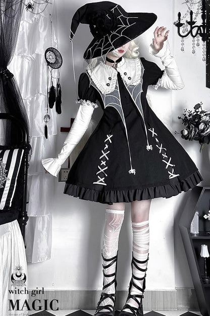 Black Short Sleeves Spider Witch Print Ruffle Gothic Lolita Dress