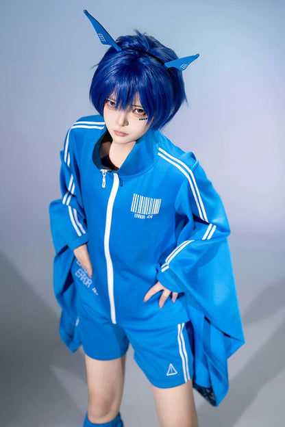 Blue [Network Error] Stand Collar Long Trumpet Sleeves Ouji Gothic Functional Style Japanese Prince Lolita Coat Shorts Set
