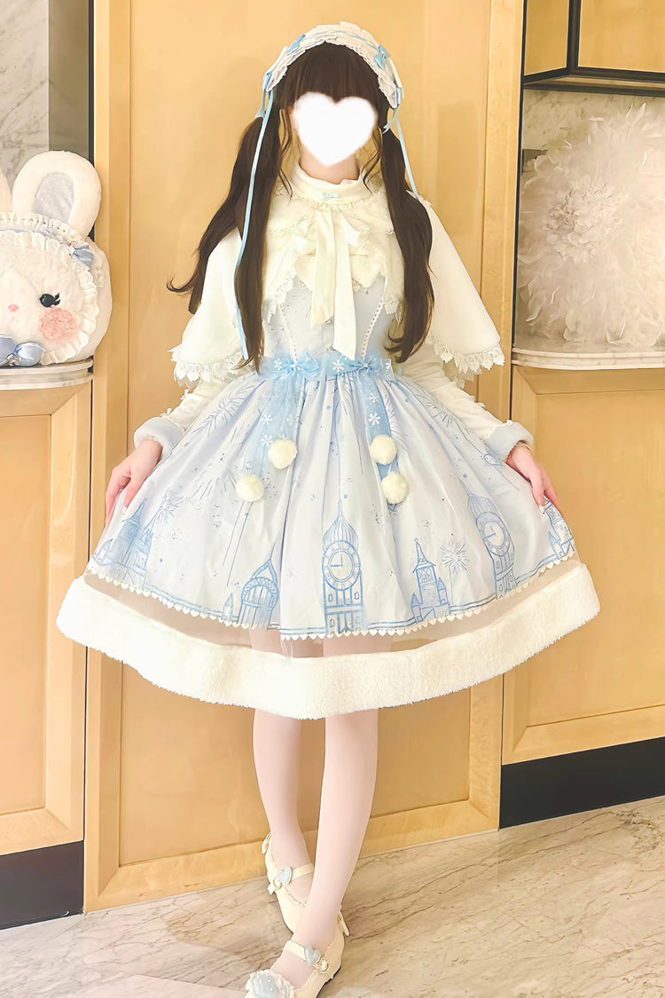 Blue [Snow Castle] Sleeveless Printed Embroidered Bow Lace Sweet Lolita Jsk Dress