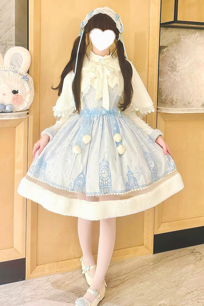 Blue [Snow Castle] Sleeveless Printed Embroidered Bow Lace Sweet Lolita Jsk Dress