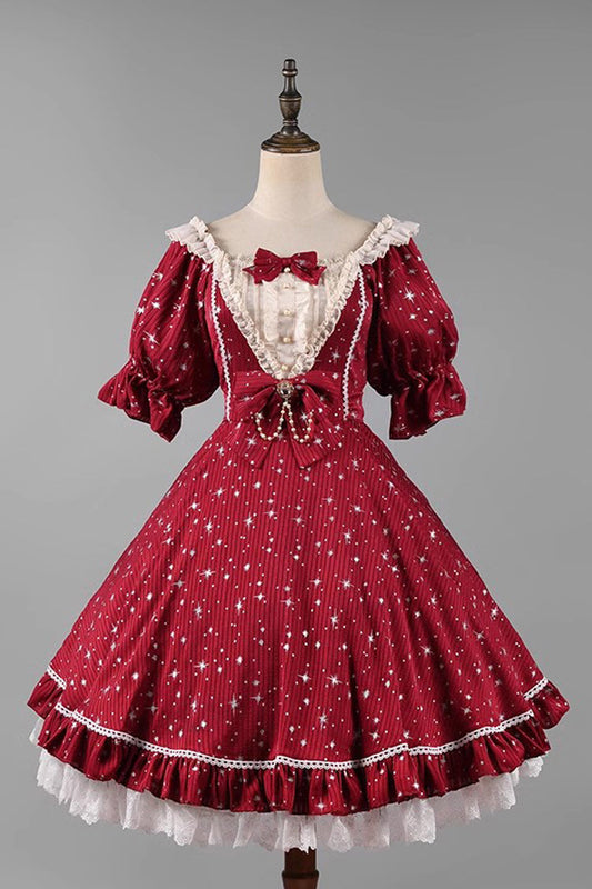 Midsummer Galaxy Shiny Star Print Short Sleeves Ruffle Bowknot Sweet Lolita OP Dress