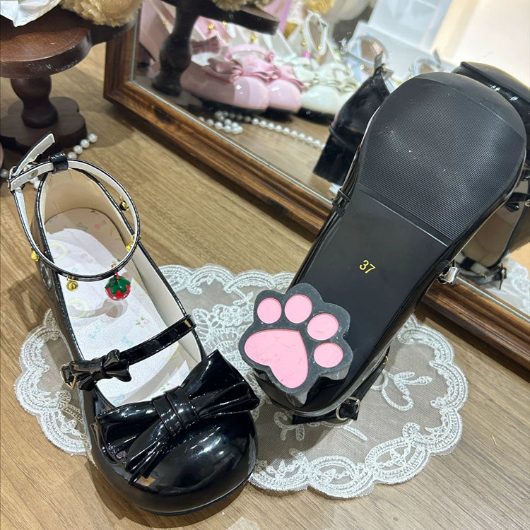 Round Toe Bow Mid Heel Lolita Mary Jane Shoes with Cat Paw Heels & Ankle Bells 6 Colors