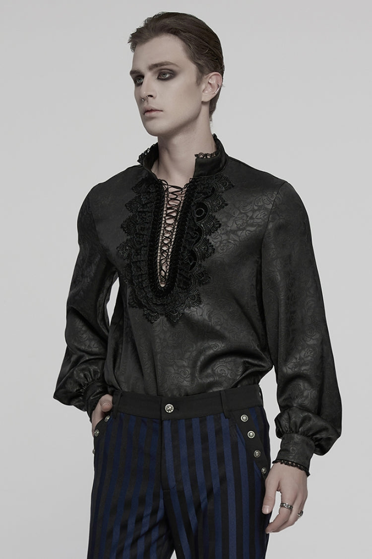 Black Stand Collar Long Sleeves Ruffle Embroidery Lace-Up Plunging Rose Men's Gothic Blouse