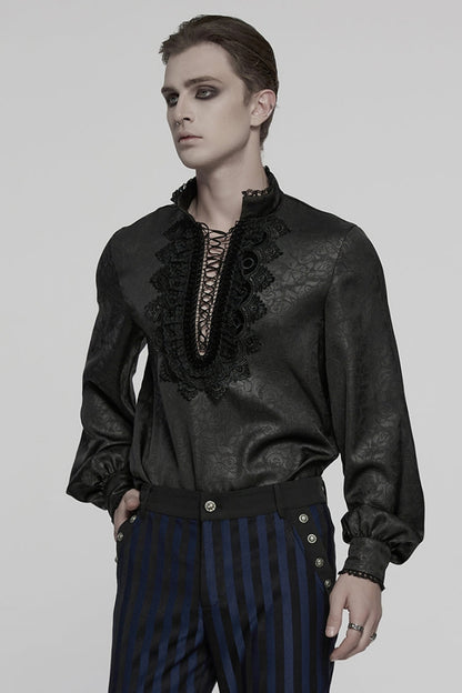 Black Stand Collar Long Sleeves Ruffle Embroidery Lace-Up Plunging Rose Men's Gothic Blouse