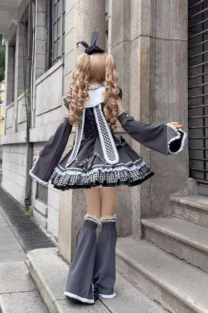 Black [Berlin Covenant] Detachable Sleeves Hime Sleeves Print Ruffle Bowknot Lace-Up Gothic Lolita Dress Set