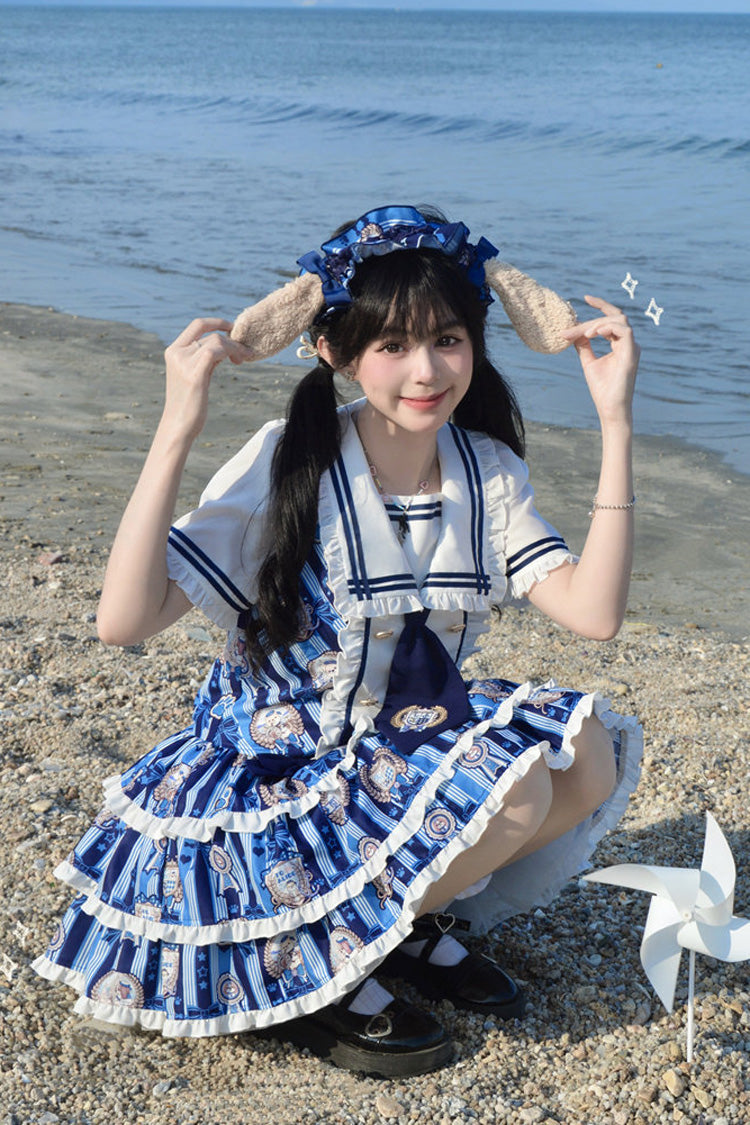 Blue [Glory of the Dog] Navy Collar Short Sleeves Low Waisted Triple-Layered Printed Ruffled Bow Sweet Lolita Dress