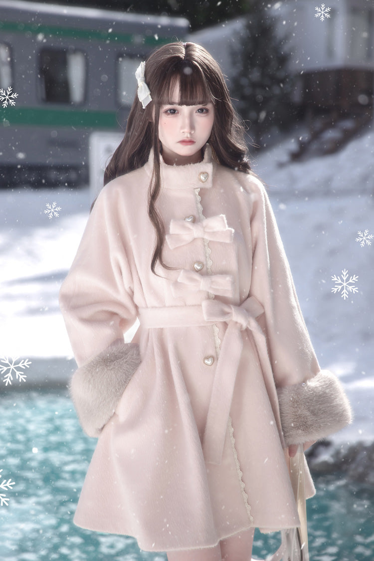 Pink [Bella SP] Stand Collar Long Sleeves Bow Sweet Lolita Coat Cloak