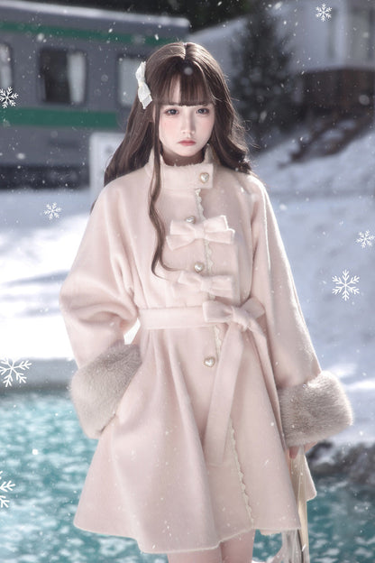 Pink [Bella SP] Stand Collar Long Sleeves Bow Sweet Lolita Coat Cloak