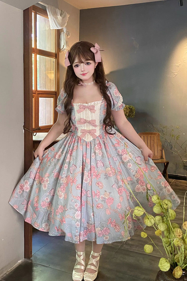 Blue Gem Rose Print Short Puff Sleeves Ruffle Bowknot Sweet Plus Size Lolita Dress
