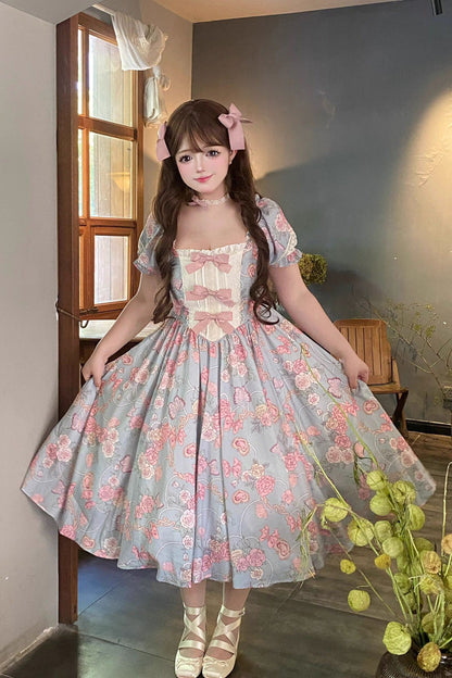 Blue Gem Rose Print Short Puff Sleeves Ruffle Bowknot Sweet Plus Size Lolita Dress