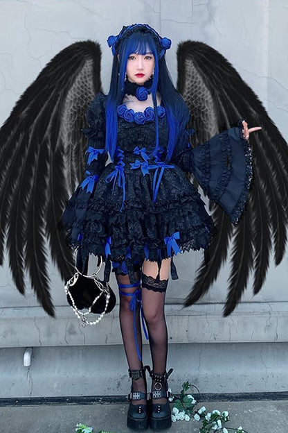 Black/Blue Puff Short Sleeves Princess Gothic Lolita Tiered Dress