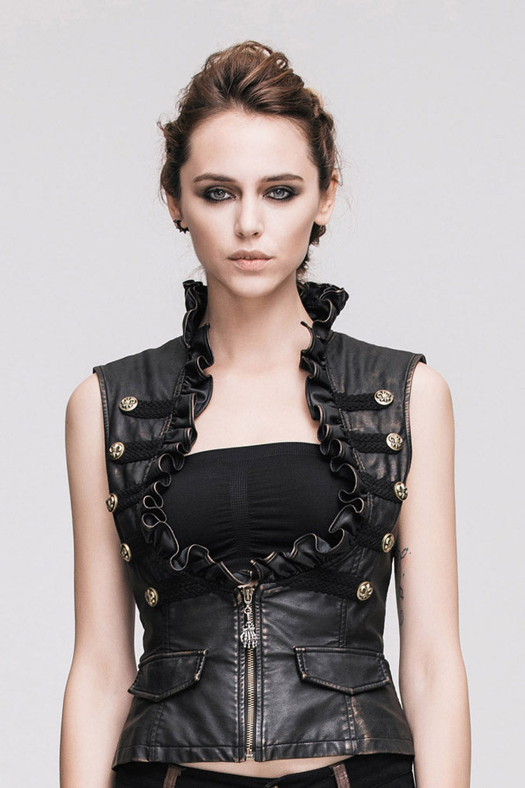 Black/Brown Big Opening Chest Wave Hand Rubbed Leather Collar Women's  Punk Vest