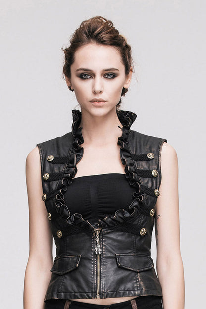 Black/Brown Big Opening Chest Wave Hand Rubbed Leather Collar Women's  Punk Vest