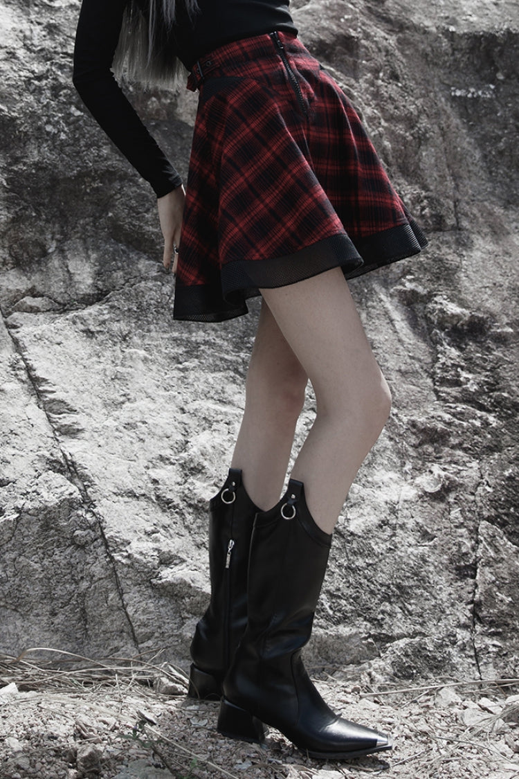 Plaid Print Stitching Mesh Women's Gothic College Style Skirt 2 Colors