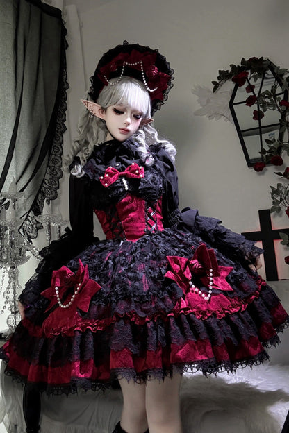 Black/Red [Rose Princess] Sleeveless Ruffle Bowknot Lace Lace-Up Gothic Ballet Lolita Jsk Dress