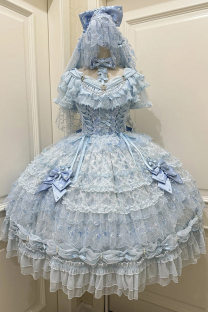 Blue Long Sleeves Hanayome Bow Lace-Up Sweet Gorgeous Lolita Dress with Train and Veil