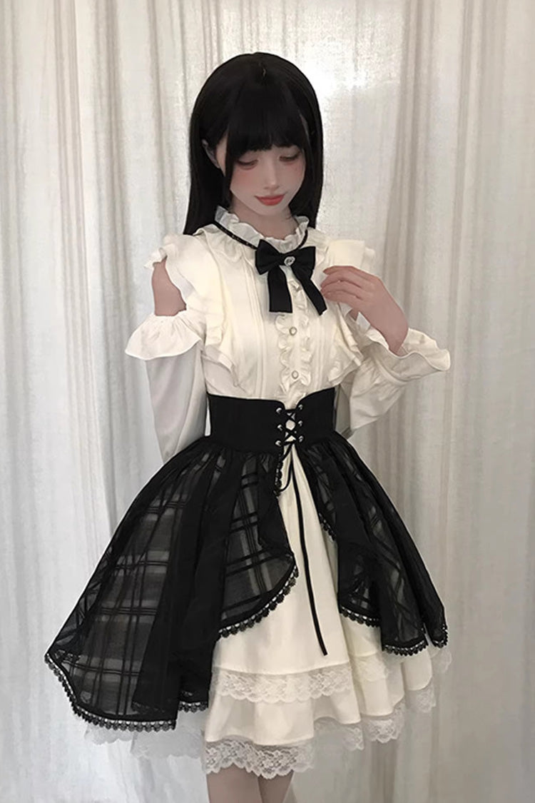 Black/Beige [Dark Chocolate Champagne] Stand Collar Off Shoulder Long Sleeves Double-Layered Ruffled Sweet Japanese Lolita Dress
