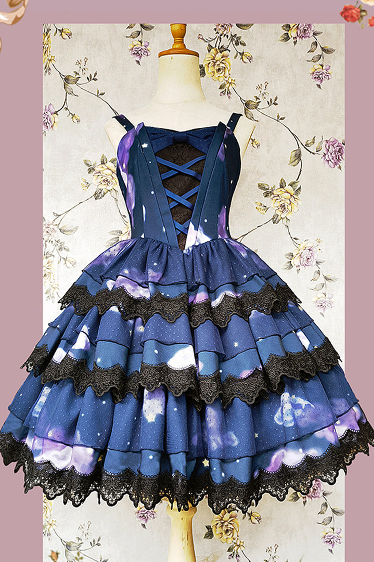 Blue Triple-Layered Clouds Print Ruffle Stitching Lace Sweet Lolita Dress