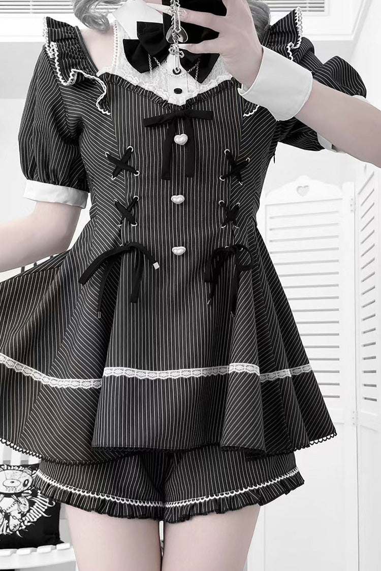 Black [Roman Strings] Short Sleeves Striped Print Bowknot Lace-Up Gothic Jirai Kei Plus Size Dress