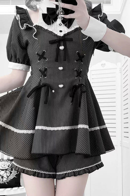 Black [Roman Strings] Short Sleeves Striped Print Bowknot Lace-Up Gothic Jirai Kei Plus Size Dress