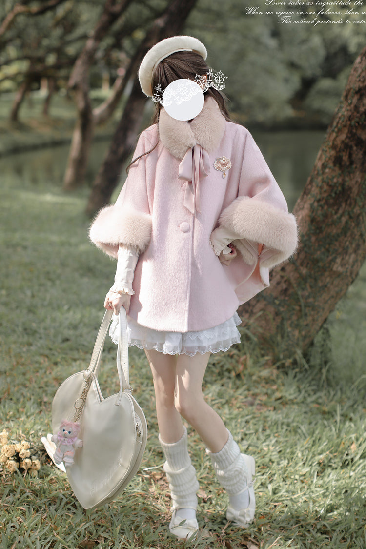 Pink Long Sleeves Lace Sweet Japanese Lolita Fluffy Cloak Coat