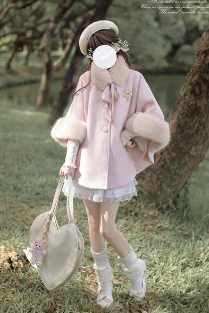 Pink Long Sleeves Lace Sweet Japanese Lolita Fluffy Cloak Coat