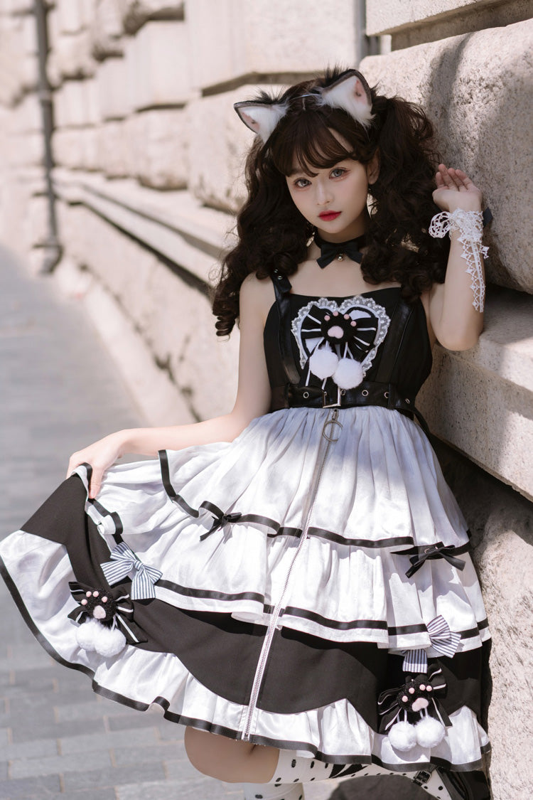 Black/White [Cat Fist] Triple-Layered Ruffle Bowknot Sweet Lolita Jsk Dress