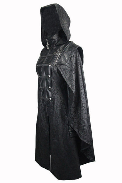 Black Punk Hooded One Side Shawl Gothic Pattern Womens Leather Long Coat