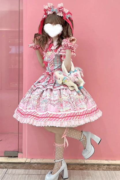Blue/Pink Candy Park Print Ruffle Bowknot Sweet Lolita Jsk Dress