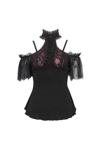 Black/Red Off Shoulder Lace Round Collar Splice Women's Gothic Shirt