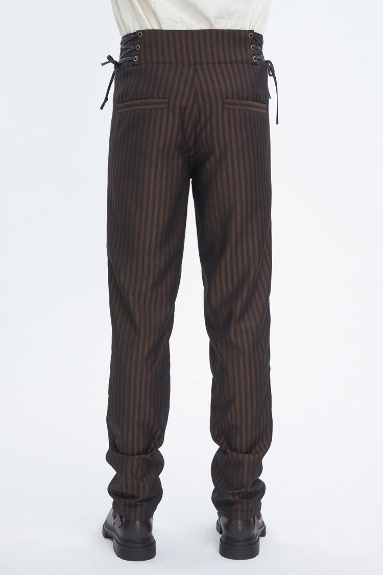 Brown High Waisted Lace-Up Striped Men's Gothic Pants