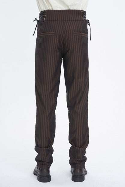 Brown High Waisted Lace-Up Striped Men's Gothic Pants