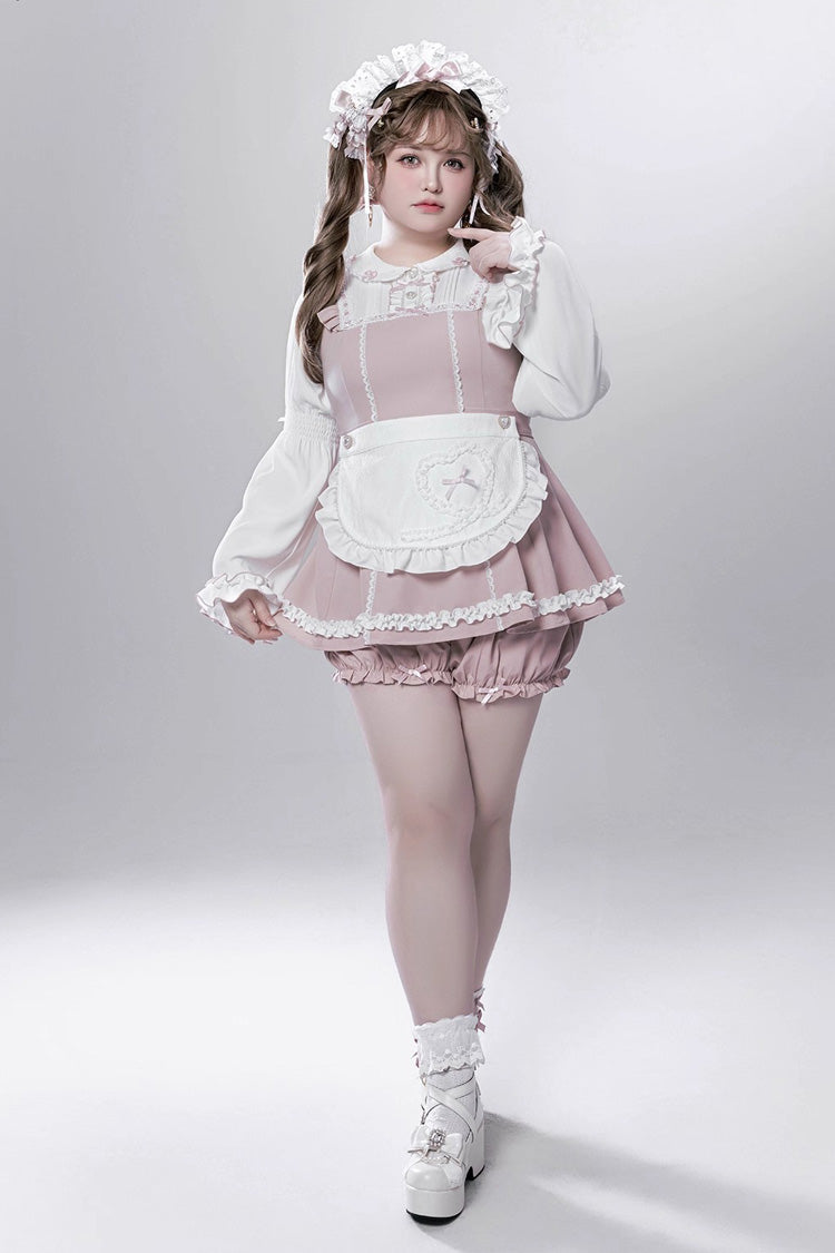 Pink/White [Showcase Doll] Japanese Maid-Style Long Sleeves Ruffle Bowknot Jirai Kei Japanese Dress Shorts Set with Detachable Apron