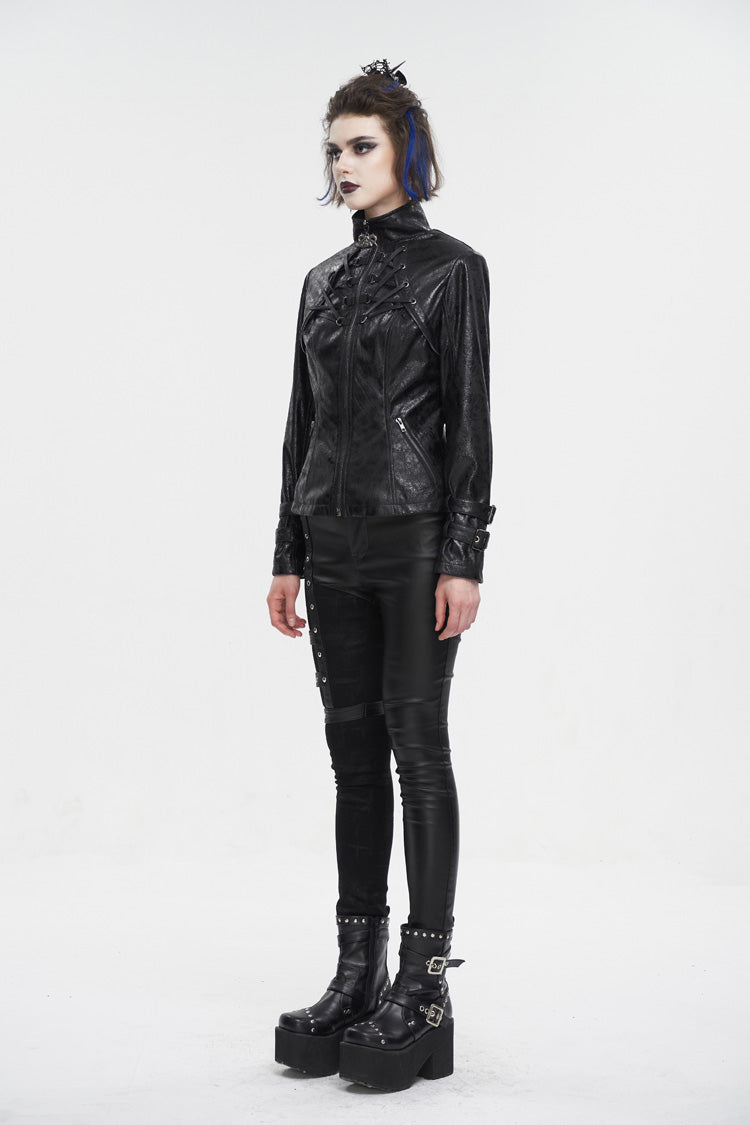 Black Stand Collar Crackled Buckle Women's Punk Jacket