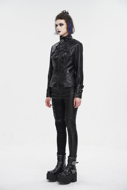 Black Stand Collar Crackled Buckle Women's Punk Jacket