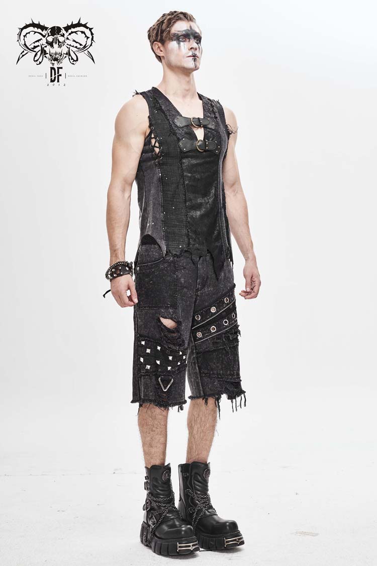 Black V-Neck Sleeveless Ripped Buckle Straps Men's Gothic Vest