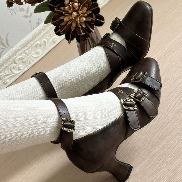 Square-Toe Cross Bandage High Heel Lolita Shoes 3 Colors