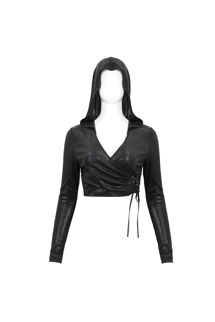 Black Shiny Vertical Grain Texture Tied Rope Decoration Hooded Short Women's Punk T-Shirt