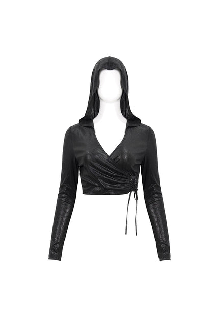 Black Shiny Vertical Grain Texture Tied Rope Decoration Hooded Short Women's Punk T-Shirt