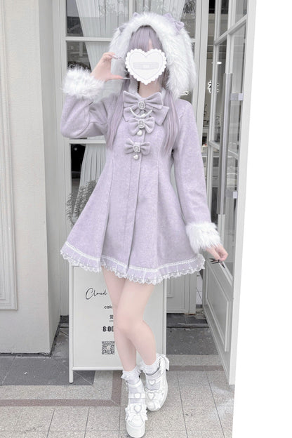 Grey/Purple Long Sleeves Bowknot Rabbit Ears Detachable Hooded Japanese Jirai Kei Coat