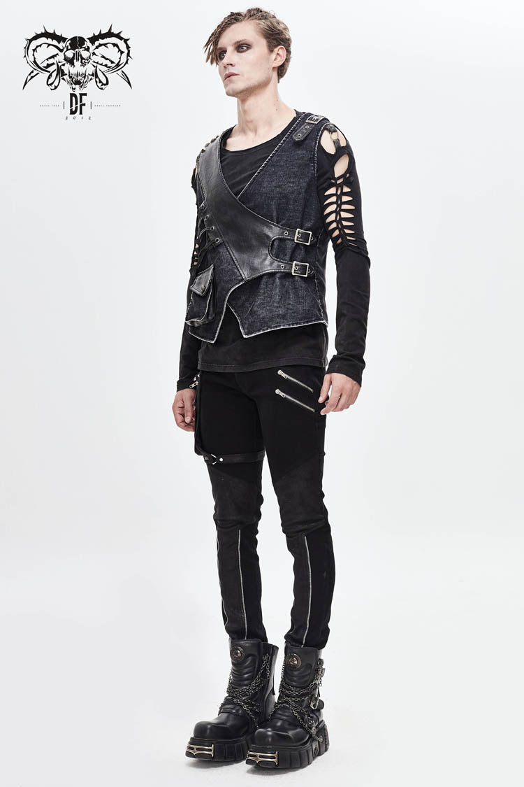 Black V Neck Asymmetric Lace Up Leather Loop Shoulder Rivet Corduroy Men's Punk Waistcoat